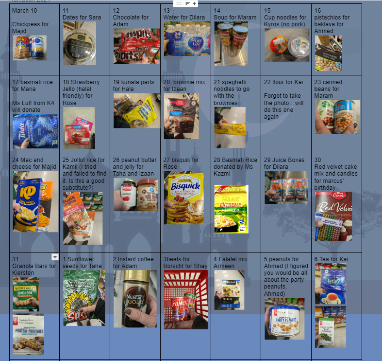 When I get to this stage of the food donation calendar, I know many of my students are looking forward to Eid. Thanks to Ms Kazmi, Ms Luff, and Ms Lawrie for helping me get these student suggestions into the donation bins this month. Nearly there! <a href="/ddwhdsb/">Dr. David R. Williams Public School</a>