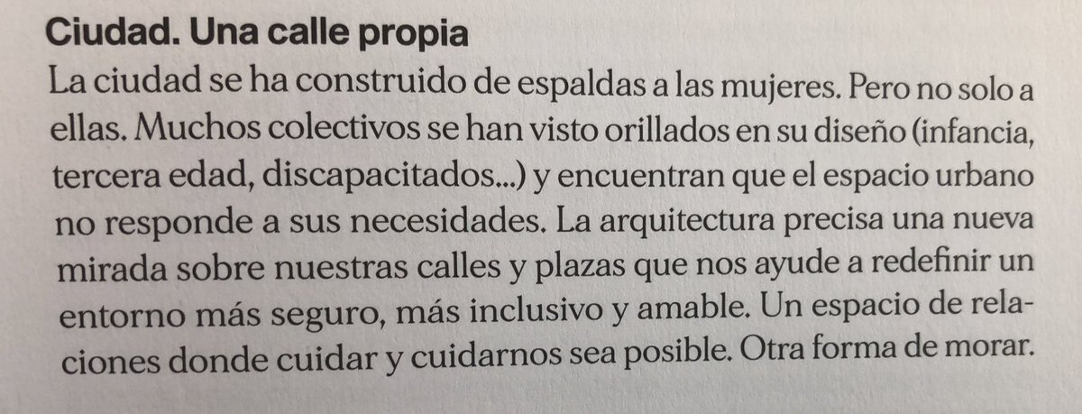 ¡Qué necesaria e importante es la reflexión en torno al género en la construcción de la ciudad!
Si se logra avanzar de la reflexión a la realización, mejor!

El texto es un extracto de la introducción Arquitectura con arquitectas de @ferminagarrido, Elena Escudero y @rqlmartinez