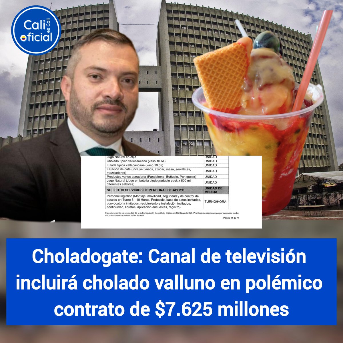 CaliesCaliCOL's tweet photo. POLÉMICA EN CALI 📢
El escándalo del cholado ha sacudido a la ciudad de Cali y más allá, luego de que se revelara un polémico contrato entre la Administración del alcalde Alejandro Eder y el Canal 13, TV Andina, que incluye la provisión del típico Cholado como parte de sus cláusulas.

Este contrato con un costo de $7.625 millones y con vigencia hasta el 31 de diciembre de 2024, ha generado un intenso debate sobre la transparencia y la lógica detrás de este tipo de contratos.

La ciudadanía se muestra perpleja ante la idea de que un canal de televisión esté involucrado en la distribución de un producto alimenticio, lo que ha llevado a cuestionamientos sobre la idoneidad de este contrato y el uso adecuado de los recursos públicos.

Este escándalo ha puesto en tela de juicio la integridad de la Administración de Eder y ha avivado las llamas de la controversia en torno a este tema.