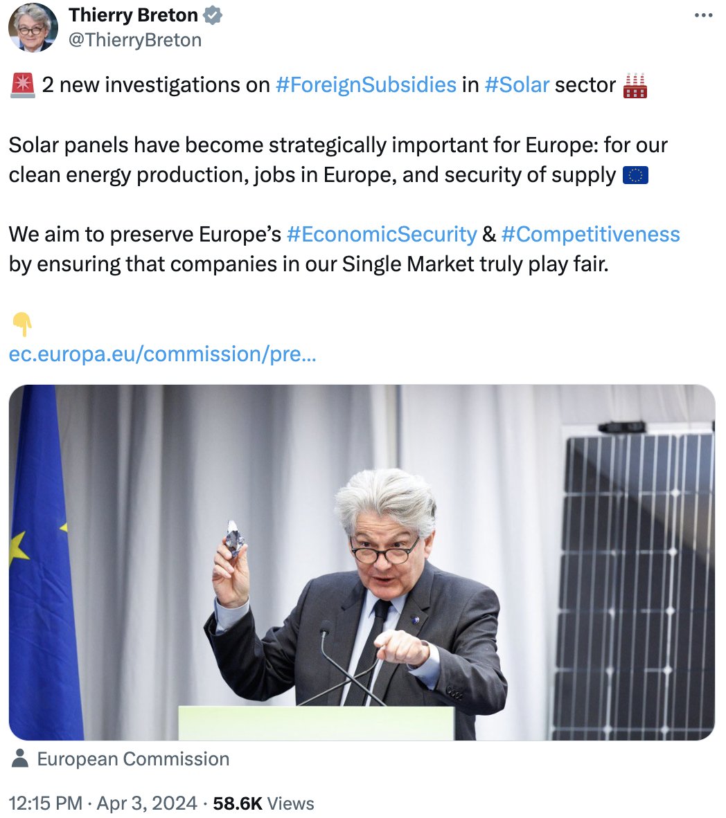 Kudos to @POLITICOEurope for featuring my 2 cents on Breton's protectionist solar sentiment. In essence: EU solar panel production is not 'strategic', imports don't threaten our econ. security & an intern. division of labor furthers an equitable global transition to net-zero. 👇