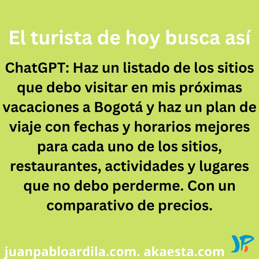 akaesta's tweet photo. Ya le llegó el primer cliente así a su agencia de viajes:

Juan Pablo.Ardila Gardeazabal

Las empresas del los viajes y turismo que no usen la IA perderán una ventaja productividad y competitiva.

#chatgpt #agenciasdeviajes #ia #inteligenciaartificial  #marketingdigital https://t.co/EXZqY4gL9d
