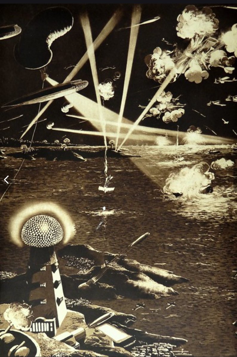 Nikola Tesla’s depiction of war in the future (1922). He predicted “machines of destruction more terrible than anything concocted by the masterminds behind the ‘World War’ armies and navies, will sail under the ocean and thru the skies – with not a man on board”