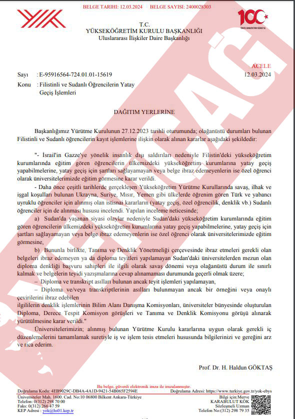 🔴Türkiye Cumhuriyeti, Filistin'deki üniversite öğrencilerine koşulsuz şartsız Türkiye'de yatay geçiş imkanı sunuyor. 📌Filistinliler, hiçbir sınava girmeden ve belge şartı olmadan Türkiye'de üniversite okuyabilecek.