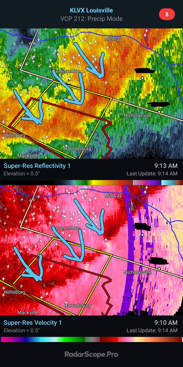 skream's tweet image. The top two arrows are the tornado signatures before they came in to jessamine county.  Why were there no warnings and local gov is telling us they formed on top of us? #kywx @Kentuckyweather @NWSLouisville