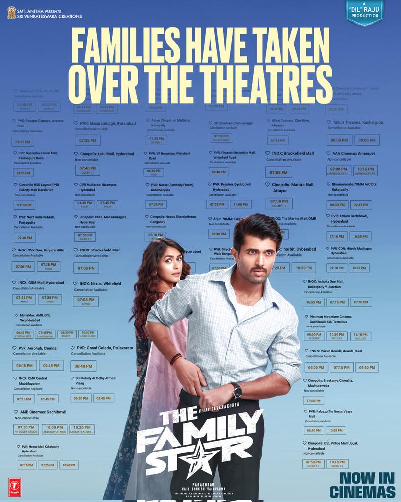 The families have owned #TheFamilyStar as one among them ❤️ Terrific occupancies all over for the evening & night shows 💥💥 Book your tickets for the perfect 𝗦𝗨𝗠𝗠𝗘𝗥 𝗙𝗔𝗠𝗜𝗟𝗬 𝗘𝗡𝗧𝗘𝗥𝗧𝗔𝗜𝗡𝗘𝗥 now! 🎟️ linktr.ee/TheFamilyStarT…