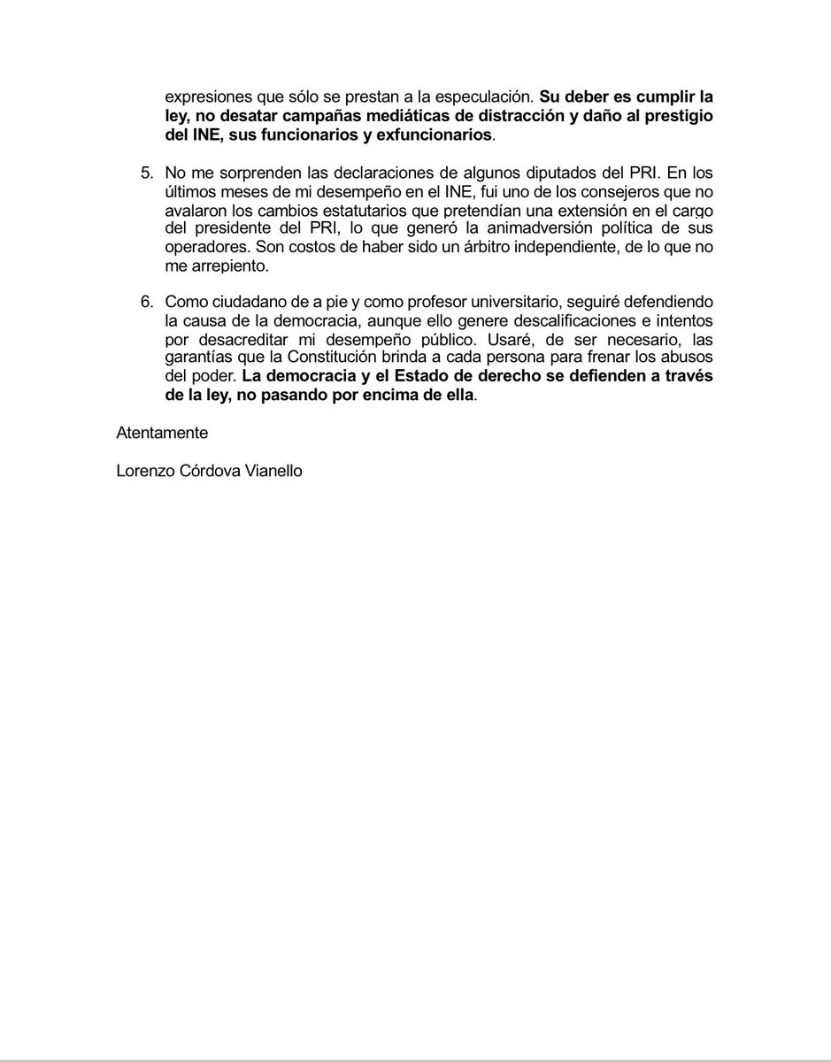 Ante los malintencionados señalamientos de presuntas irregularidades durante mi gestión como Consejero Presidente del @INEMexico realizados por en encargado de despacho del OIC de ese Instituto y por algunos legisladores, hago del conocimiento público el siguiente comunicado: