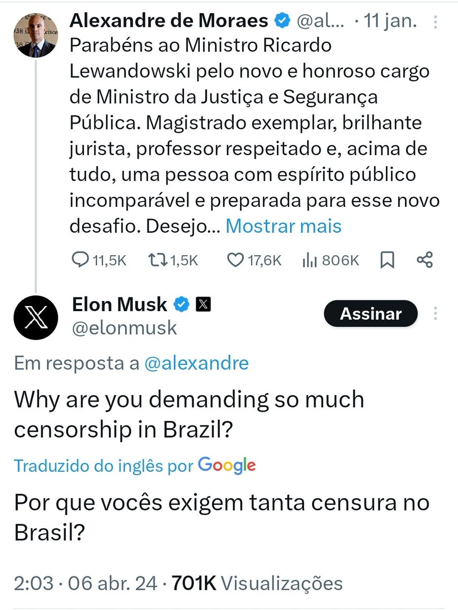 coronelrochase's tweet photo. 🇧🇷 Elon Musk indaga Alexandre de Moraes: Porque vocês exigem tanta censura no Brasil?

Nesta semana a plataforma "X" (antigo Twitter) liberarou os e-mails do antigo Twitter Brasil para que o mundo tomasse conhecimento das exigências que o STF e o TSE,  em especial do ministro Alexandre de Moraes,  faziam às redes sociais, em especial contra apoiadores de Bolsonaro no período da campanha eleitoral de 2022.

Muito há o que explicar sobre tais exigências. 

Hoje, o empresário Elon Musk foi no "X" e questionou no perfil do ministro Alexandre de Moraes porque ele gosta tanto de censura no Brasil. 

Essa cobrança com certeza chamará ainda mais atenção ao mundo, para o que ocorre hoje no Brasil em relação à liberdade de expressão. 

Relembrando que a Declaração de Westminster afirmou que STF do Brasil é a única suprema corte do mundo acusada de integrar o ‘Complexo Industrial da Censura’.

"O Supremo Tribunal Federal está criminalizando o discurso político".

Será que o ministro Alexandre de Moraes mandará a plataforma "X" excluir a conta de Elon Musk,  o proprietário da plataforma?
@elonmusk

https://t.co/LKivBGmI11