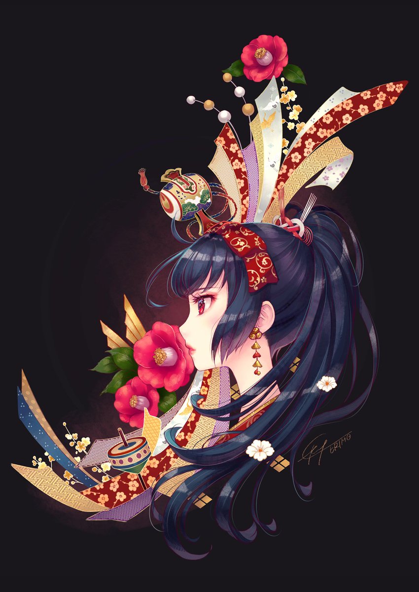 1girl solo long hair simple background black hair hair ornament red eyes  illustration images