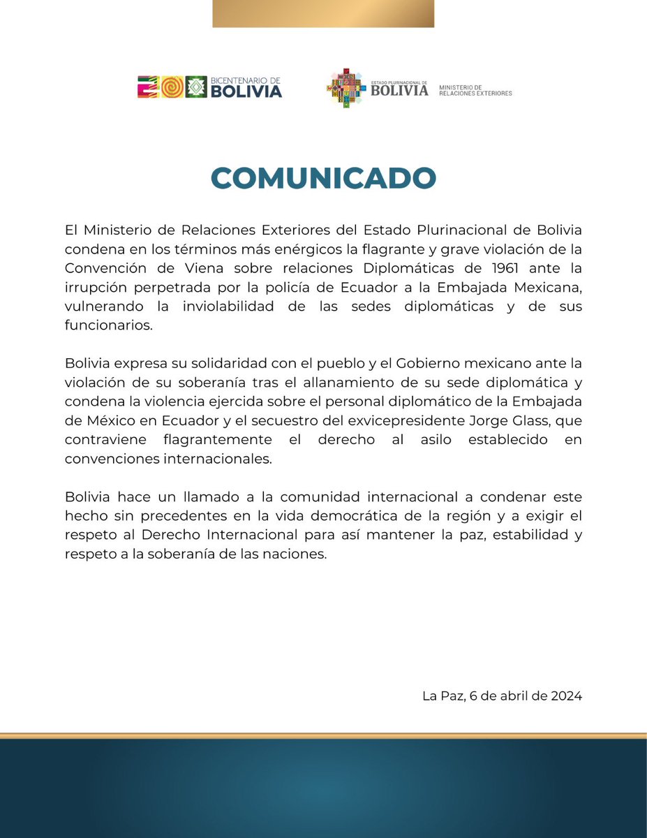 COMUNICADO 06-04-2024
cancilleria.gob.bo/mre/2024/04/06…

#DiplomaciaDeLosPueblos
#PorLaVida