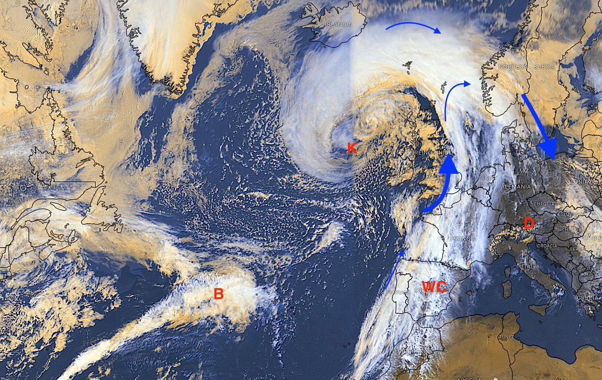 Soportado por la circulación de niveles altos, un débil 'warm conveyor' (WC) atraviesa Iberia y se dirige hacia la muy madura 'Kathleen' (K). En el Atlántico surge una nueva borrasca (B) que afectará el lunes a algunas zonas peninsulares con algunos chubascos. Ver ALT