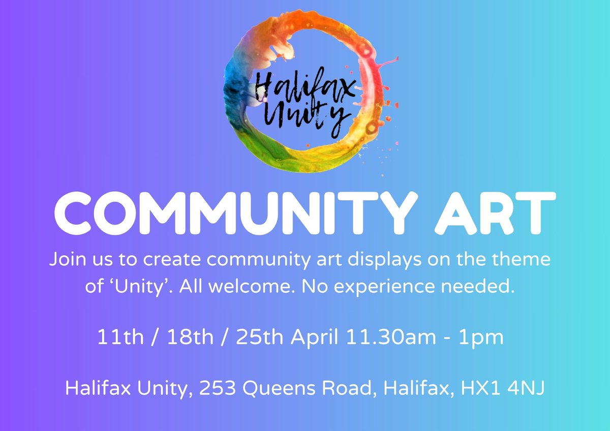 HalifaxUnityCIC's tweet image. Join us for our community art workshop sessions creating window displays on the theme of &apos;Unity&apos;. All welcome. No experience needed.

11th, 18th and 25th April from 11.30am - 1pm.

If you would like to come and prefer an evening or weekend, let us know at info@halifaxunity.org.