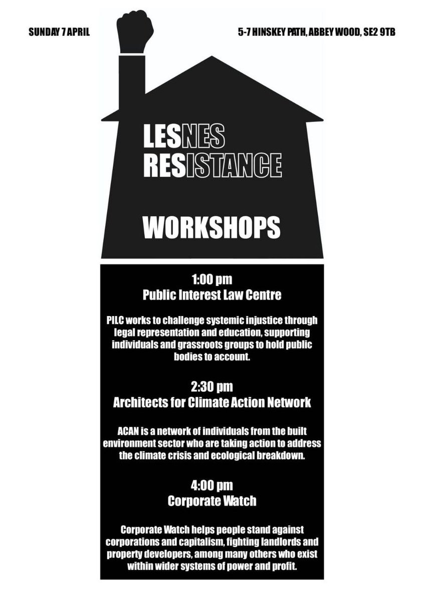 Campaigners supporting the protest occupation on Lesnes Estate are holding open workshops tmro @architectsCAN @publiclawcentre @CorpWatchUK Join Us! 24 Hinksey Path SE2 9TB #RefurbishDontDemolish #Fillemptyhomes Join us!