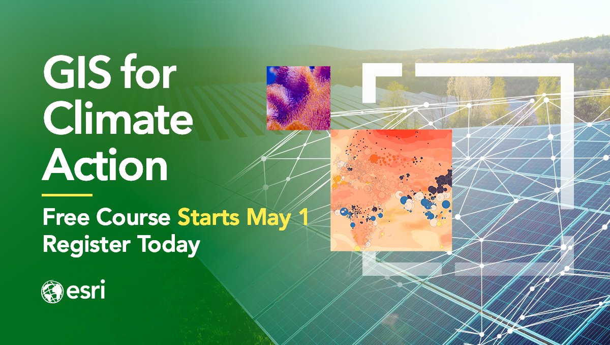 The clock is ticking! ⏰ We're less than one month away from #ClimateMOOC opening day. 

Join if you want FREE access to: 

💚@ArcGISPro
💚@ArcGISOnline
💚@ArcGISSurvey123
💚@ArcGISStoryMaps 
💚ArcGIS Instant Apps
💚ArcGIS Dashboards

Sign up → esri.social/s7ML50R4GBH