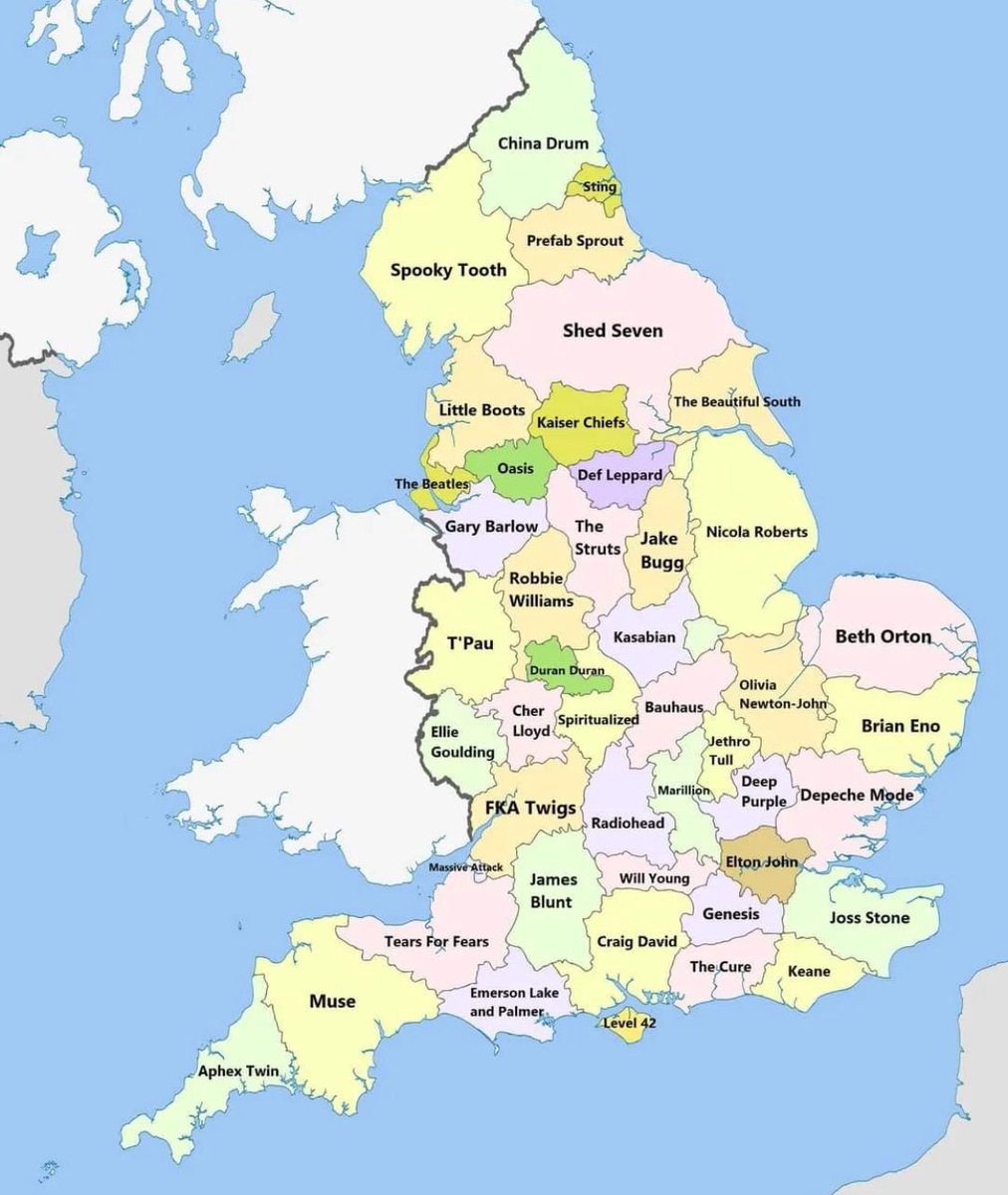 Güzel bir İngiltere haritası. Memleketlerine göre grup ve sanatçılar.