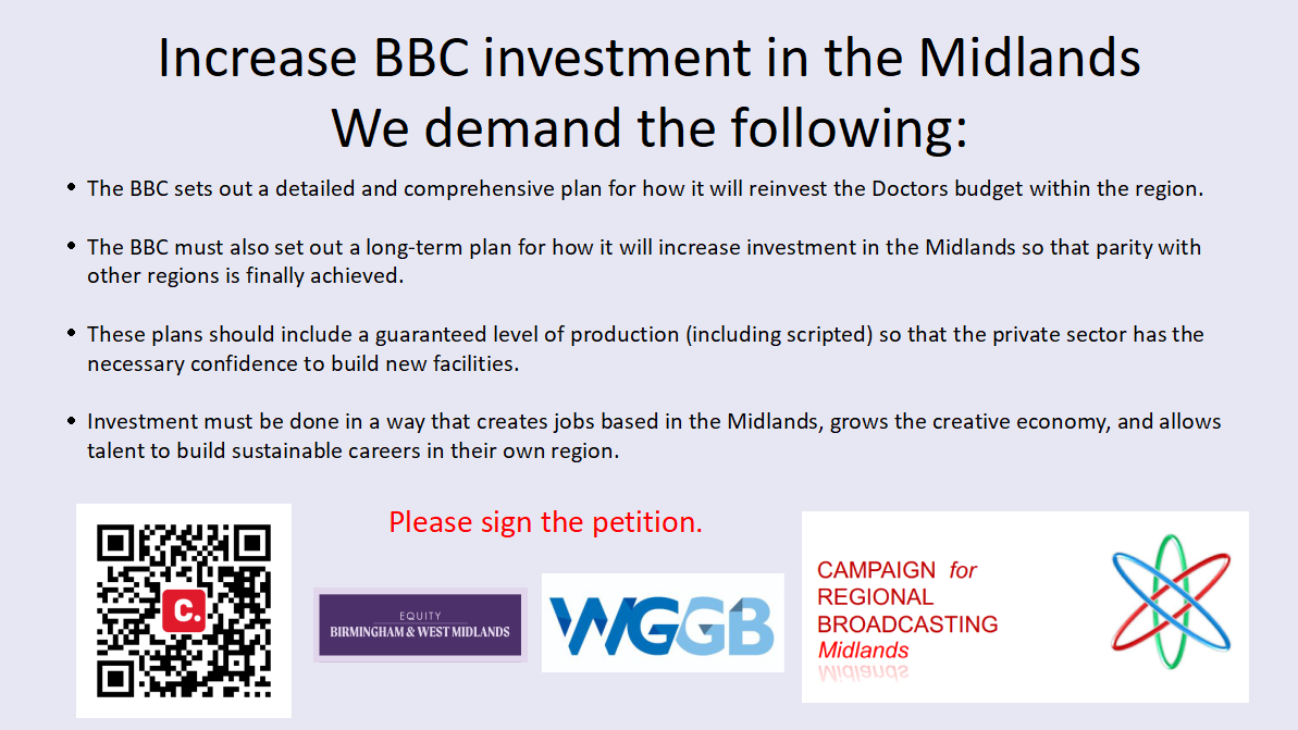 Please keep signing and sharing our ' Increase BBC investment in the Midlands' Petition Use the QR code or go to: chng.it/S56nZCsZpK