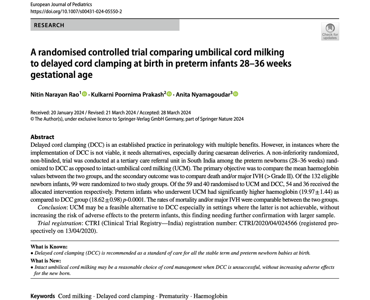 Hot off Press 🔥
Exciting news to share – my brainchild finally sees the daylight! 🌞

In the field of neonatal care, delayed cord clamping (DCC) is widely recognized as the gold standard for both stable term and preterm newborns at birth. 
link.springer.com/article/10.100…