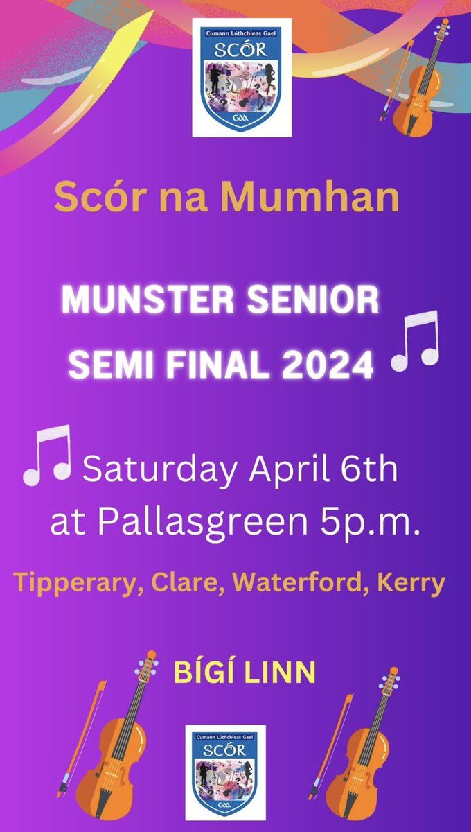 The very best of luck to our Senior Scor representatives this evening in Pallasgreen in the Munster Semi final. 🟢🟡

Our Senior Ceol Uirlise : Mary Meagher, Geraldine O’Meara,  Cathal Ryan, Loreto Slattery & Thomas Slattery.

@GAAGaeilge @GAAScór @SNAG @FSMD