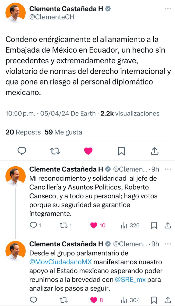 Me sumo a la condena absoluta, sin distingos partidistas, a los hechos violatorios del derecho internacional que perpetró el Gobierno de Ecuador contra nuestra Embajada en ese país. Asimismo, al respaldo a la respuesta diplomática del Gobierno de México a través de la @SRE_mx.…