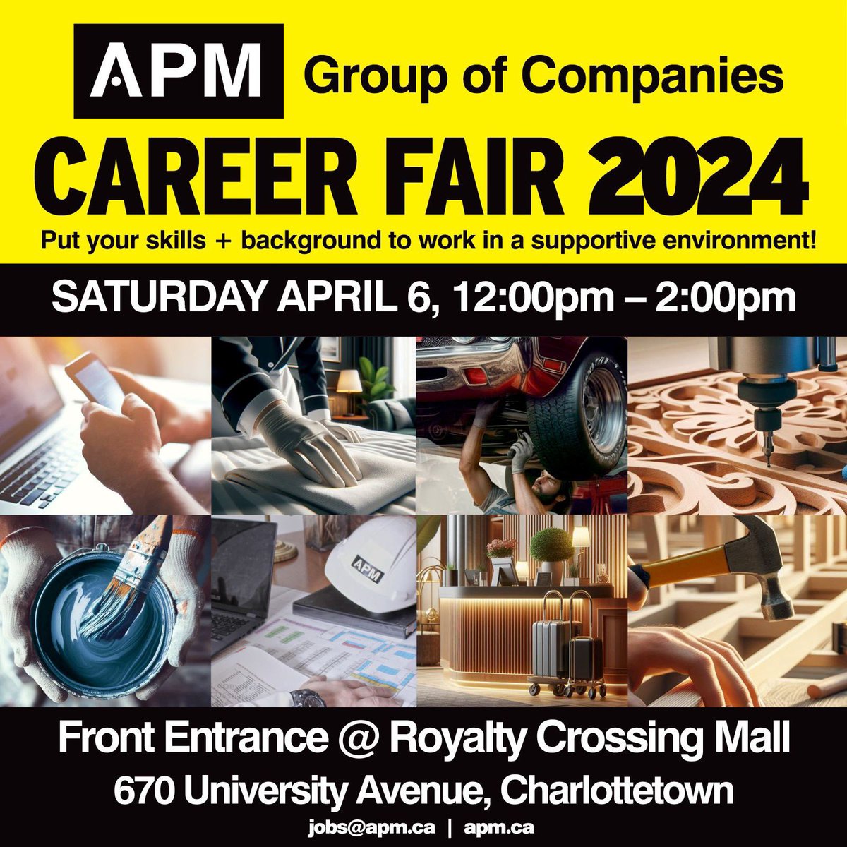 APM Commercial (@apmsells) on Twitter photo The APM Group of Companies Career Fair is TODAY (Saturday, April 6th) from 12:00-2:00 p.m. at <a href="/WherePEIShops/">Royalty Crossing</a> in Charlottetown!
Drop by with résumé to chat with our team about some of our current openings across our many divisions and properties! The APM Group of Companies Career Fair is TODAY (Saturday, April 6th) from 12:00-2:00 p.m. at <a href="/WherePEIShops/">Royalty Crossing</a> in Charlottetown!
Drop by with résumé to chat with our team about some of our current openings across our many divisions and properties!