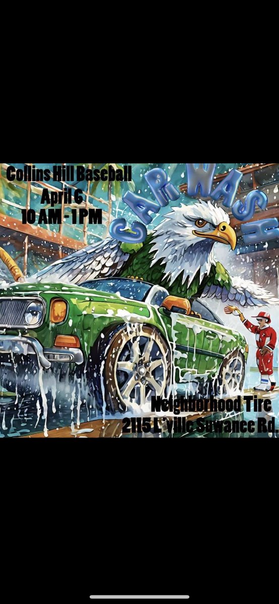 Come out and get a free car wash from the Collins Hill Baseball Program!!! 2115 Lawrenceville-Suwanee Rd!! Neighborhood Tire!! Donations accepted, cash or card!! Thank you for your support!!!!