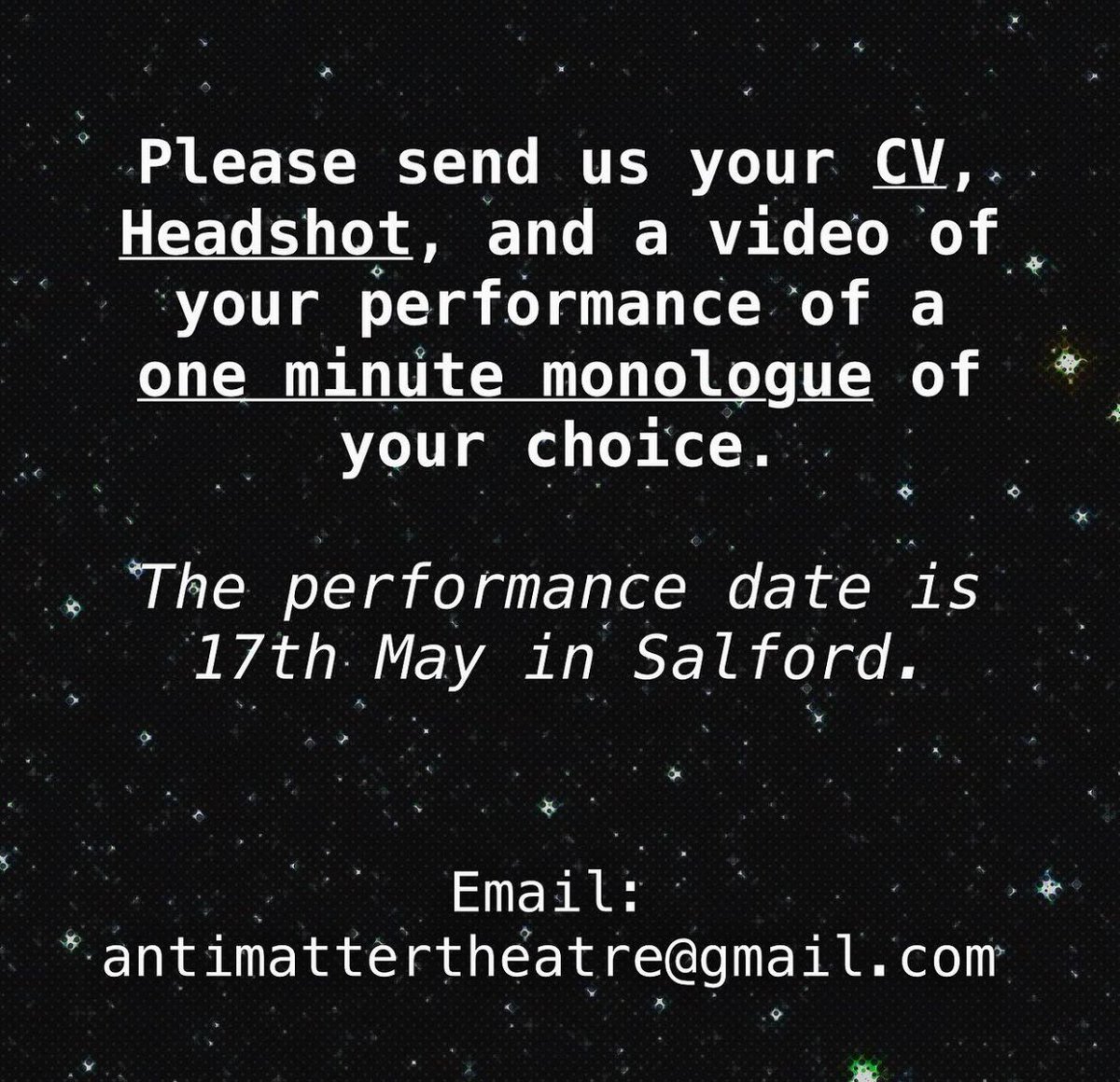 Can't wait to direct <a href="/GiuliaFincato/">Giulia</a>'s piece "The Thing With Feathers" for Antimatter Productions' Scratch Night in May.

Also, we're currently looking for performers! If you or you know anyone who might be interested, please share our callout post below.

DEADLINE: 17 APRIL 2024.