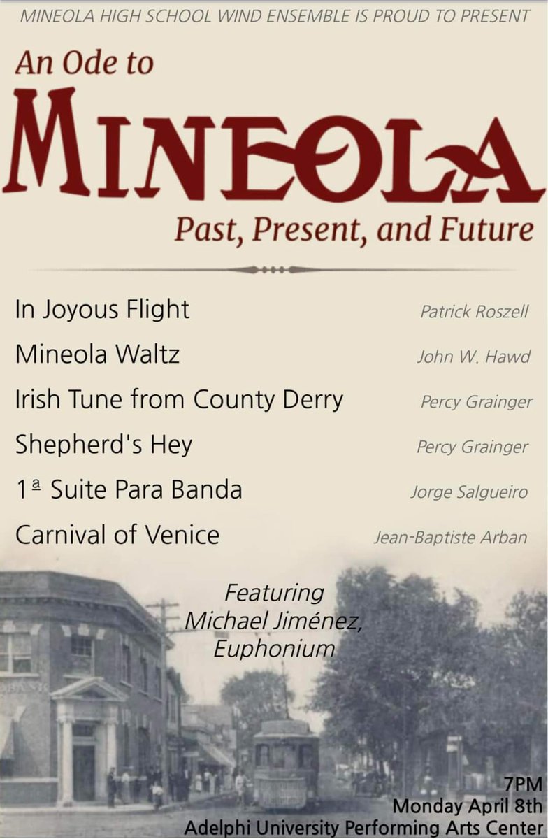 Mineola High School Wind Ensemble invites you to a free concert at Adelphi University Performing Arts Center on Monday, April 8, at 7 pm. It is a celebration of Mineola past, present, and future. <a href="/MineolaUFSD/">Mineola UFSD</a> <a href="/mineolahs/">Mineola High School</a>