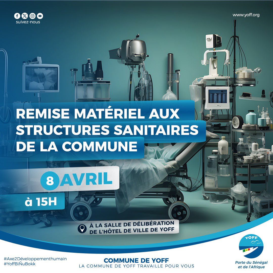sils_jr's tweet photo. Remise de matériel aux structures de santé de la commune de Yoff.
🗓️ Lundi 8 Avril 2024
⏱️ 15H.
📍Salle de délibération de l’hôtel de ville de Yoff
#Axe2👉🏾DéveloppementHumain
#YoffBiÑuBokk https://t.co/Tm8ZZNvXAu