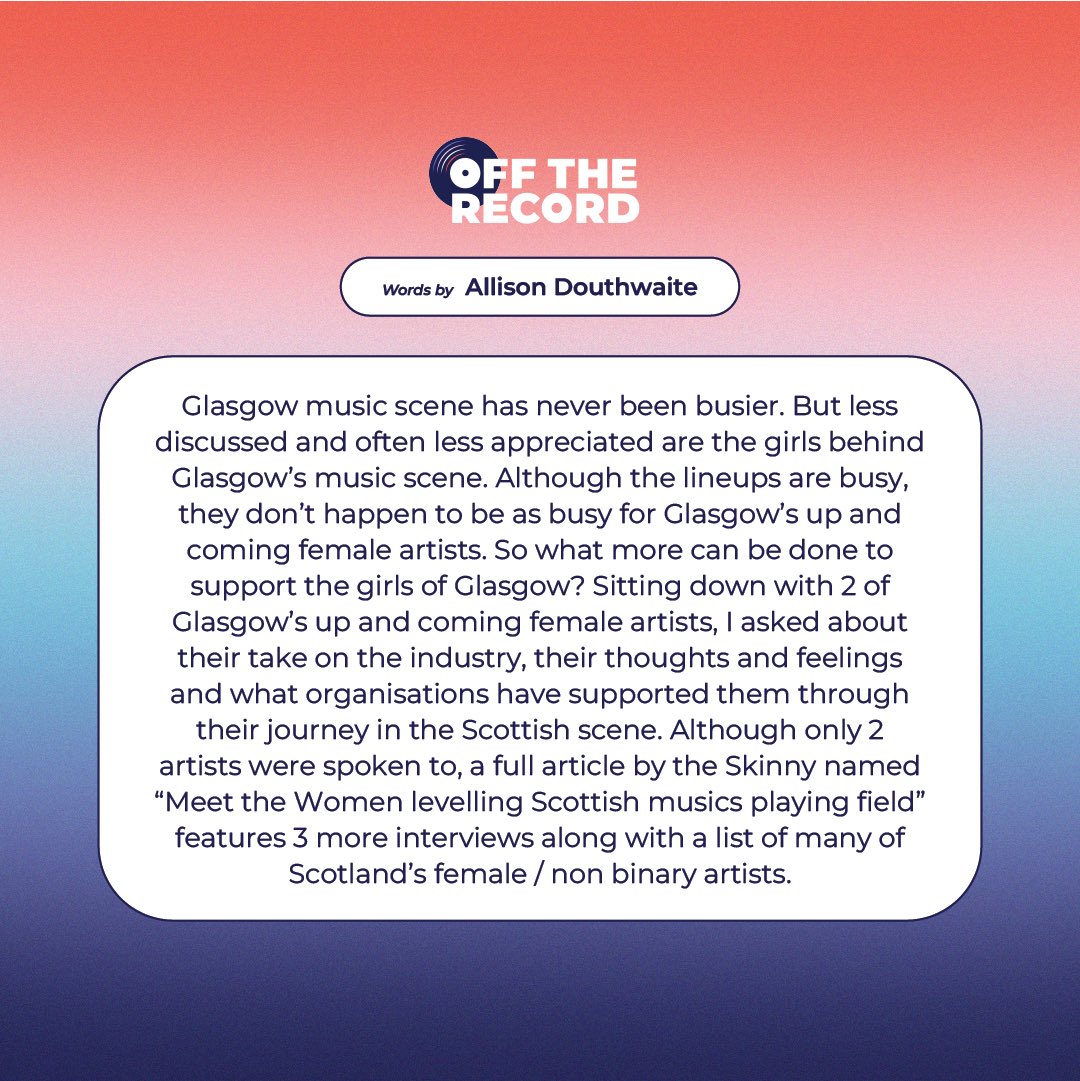 Ally Douthwaite discusses the Scottish Music Landscape for up and coming female artists. She catches up with Leah Batty of Ayrshire based band “Daydrunk”, and 17 year old Corin from central Scotland 🏴󠁧󠁢󠁳󠁣󠁴󠁿 Read the full article here 🔗 wide.ink/OTR24GRASSROOTS