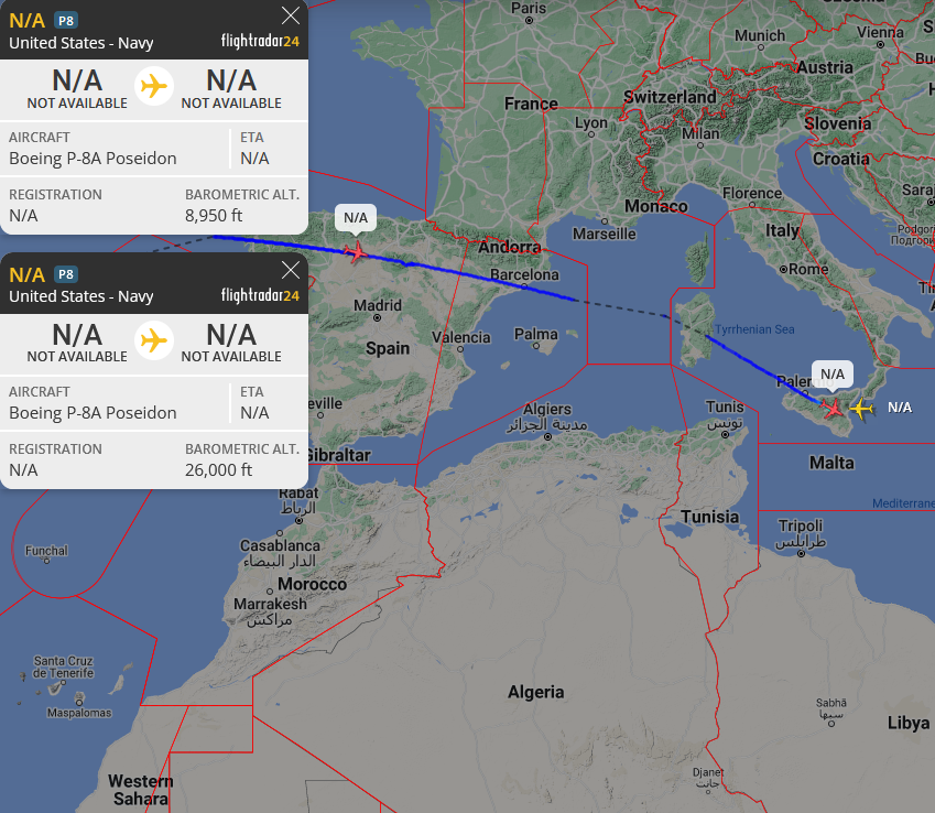 SirListenalot's tweet photo. Two USN #P8 inbound Sigonella from Jacksonville via Lajes. #AE679E #PELCN52 (169548?), followed by #AE6806 #PELCN59 (170015?) https://t.co/Xeog2jiRTb