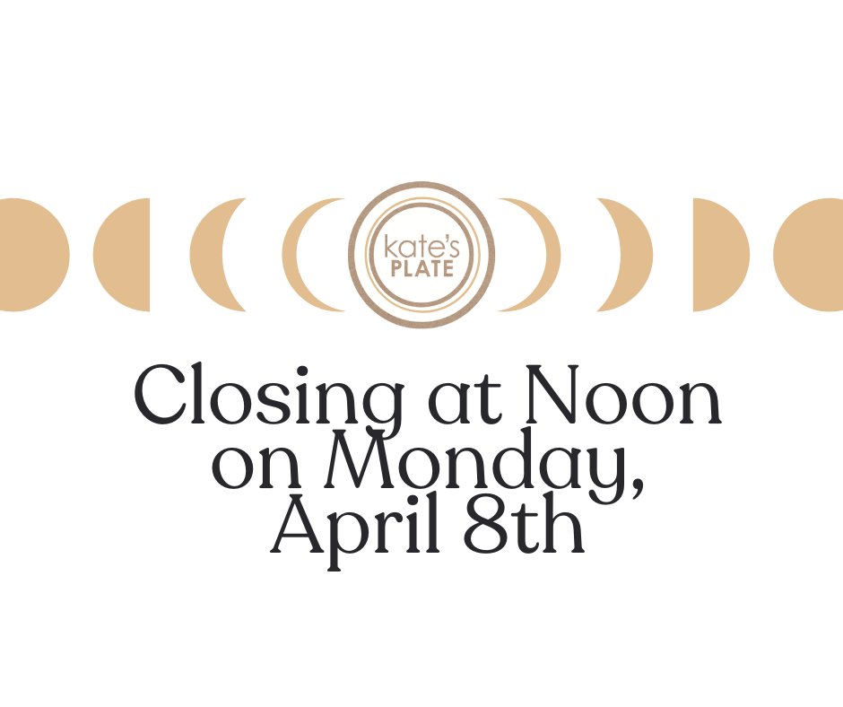 KatesPlaters's tweet photo. 🌒 We will be closing at noon on Monday, April 8th for the eclipse. Be on the lookout for your deliveries earlier than usual. Enjoy the celestial phenomenon! 

#april8th #eclipse #katesplate #totaleclipseoftheheart https://t.co/wFcONRIRW6