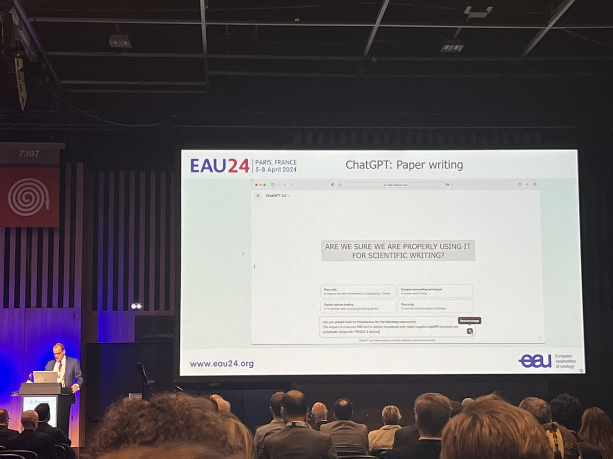 In my opinion one of the most interesting sessions during #eau24. Influence of ChatGPT and AI in Urology. Future is now! Great topics, perfect moderation. @Cacciamani_MD @KariTikkinen