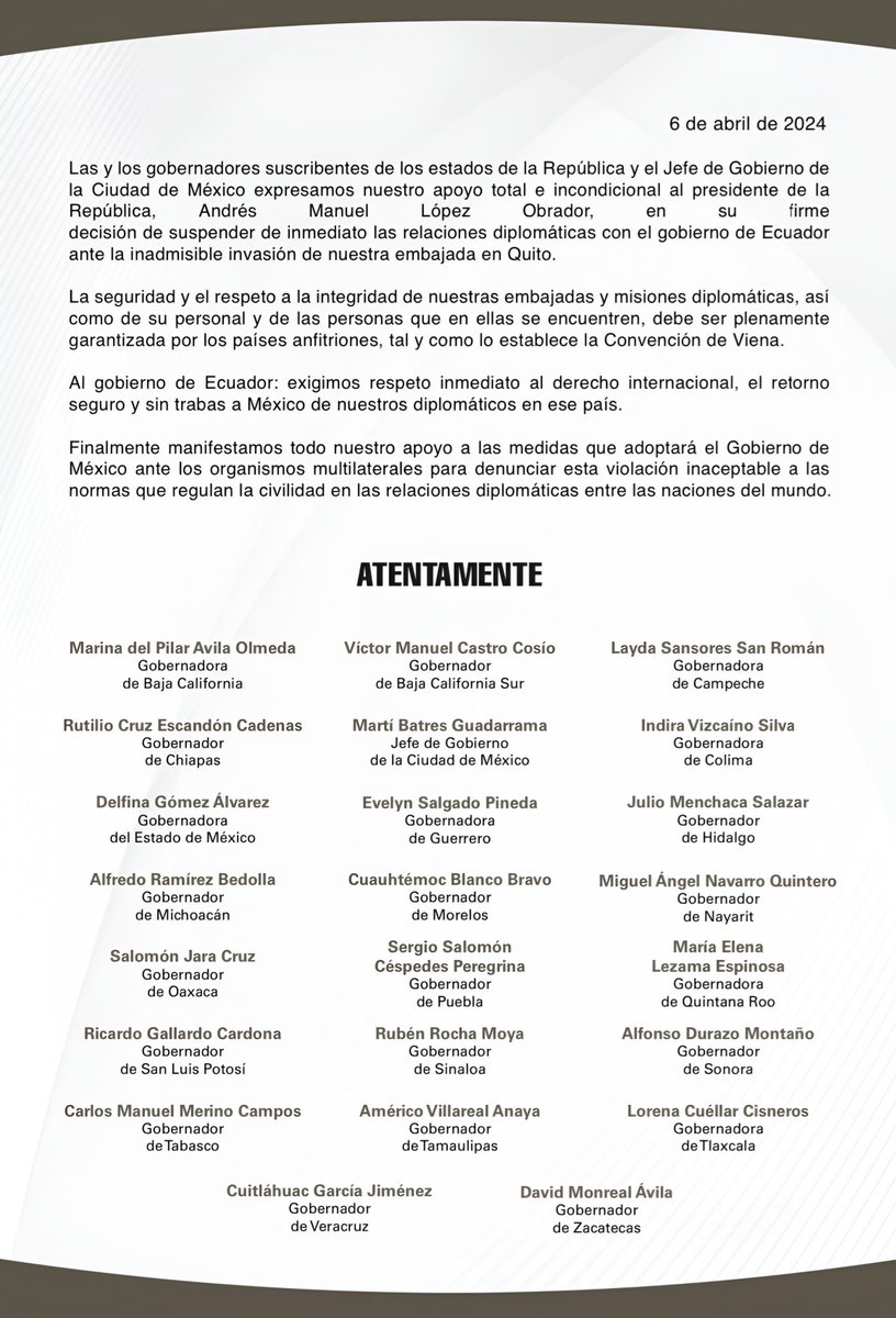 Nuestro apoyo total al Presidente de la República, @lopezobrador_, en su firme decisión de suspender de inmediato las relaciones diplomáticas con el gobierno de Ecuador ante la inadmisible invasión de la embajada mexicana en Quito. Exigimos respeto al derecho internacional.