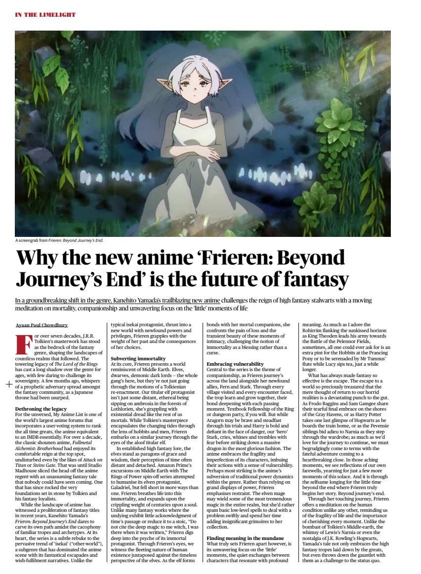 Indian Newspaper 'The Hindu' had an Editorial on 'Frieren: Beyond Journey's End' in yesterday's edition.