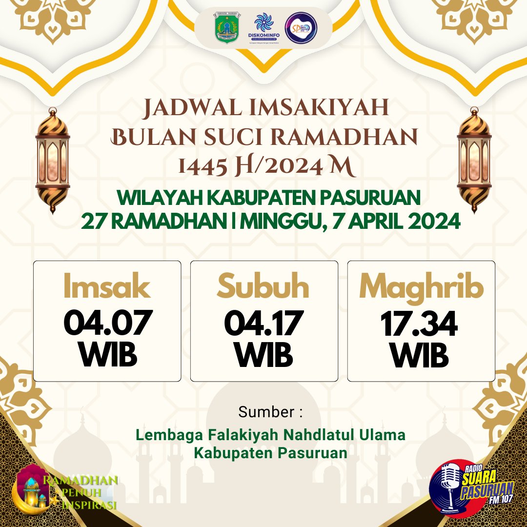 Jadwal Imsakiyah | 27 Ramadhan | Minggu, 7 April 2024 untuk Wilayah Kabupaten Pasuruan.

#ramadhan #ramadhan1445h #ramadhanpenuhinspirasi #kabupatenpasuruan #suarapasuruan #tiadahentimenginspirasi