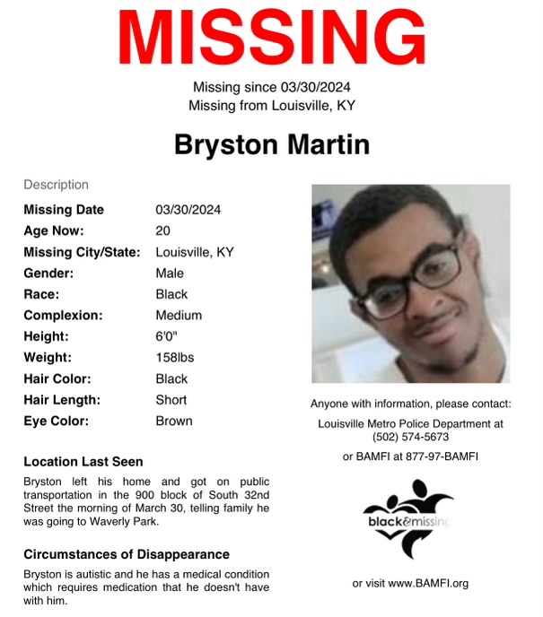 #Louisville, #Kentucky: On March 30, Bryston Martin left his home and got on public transportation in the 900 block of South 32nd Street, heading to Waverly Park. Bryston is autistic and needs his meds. Have you seen Bryston? #BrystonMartin