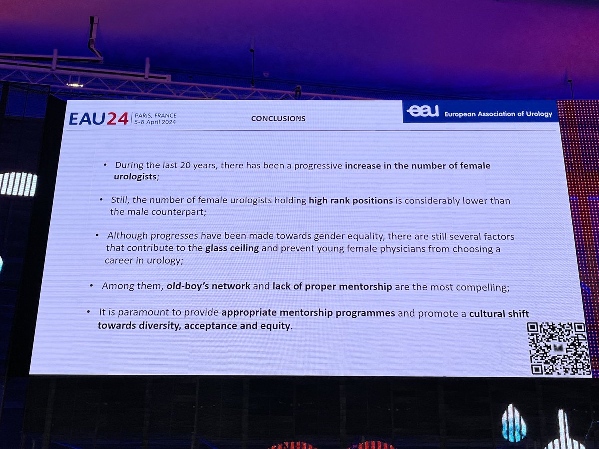 ⁦@PheVeronique⁩, a super surgeon, delivers a fantastic lecture on the increasing and important role of females in urology at #EAU24 Some of the data is shocking! Pregnancy is not a disease!! Mentorship is the solution!!!