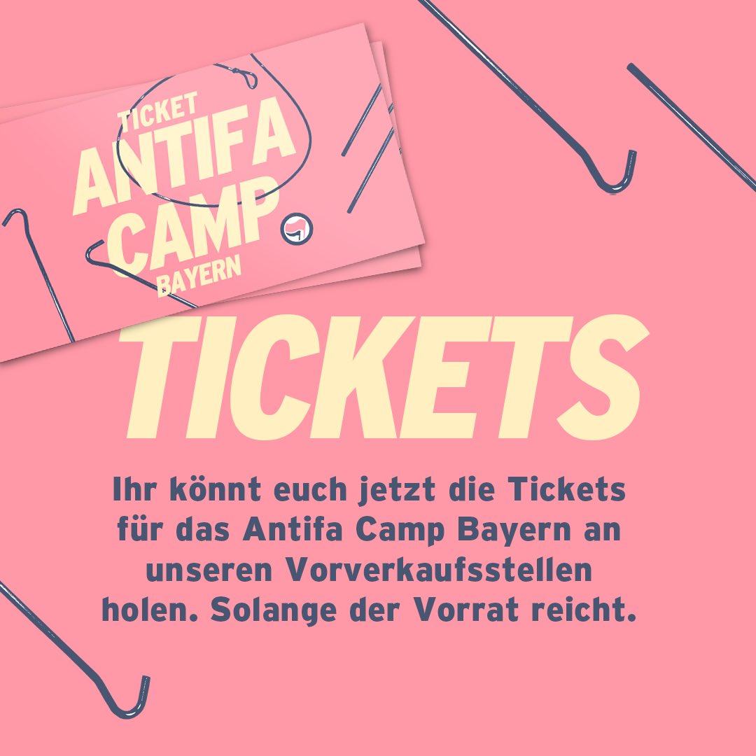 Die Tickets sind da! Ab jetzt könnt ihr euch Tickets zum diesjährigen #antifacamp von 26. - 28.7. sichern! Geht dafür zum AZ eurer Wahl, zahlt was ihr könnt &amp; bewahrt das Ticket dann gut auf – unter dem Link, der darauf steht, findet ihr ab Mitte April alle wichtigen Infos. 1/3