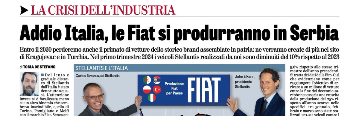 Storicamente la stragrande maggioranza delle auto a marchio Fiat (126, Uno,Tipo, Bravo, Panda,500 ecc) è stata prodotta in Italia, nel 2030 secondo le simulazioni di Transport&Environment se ne realizzeranno di più in Serbia e Turchia.All’Italia resterà il 20% Su @LaVeritaWeb