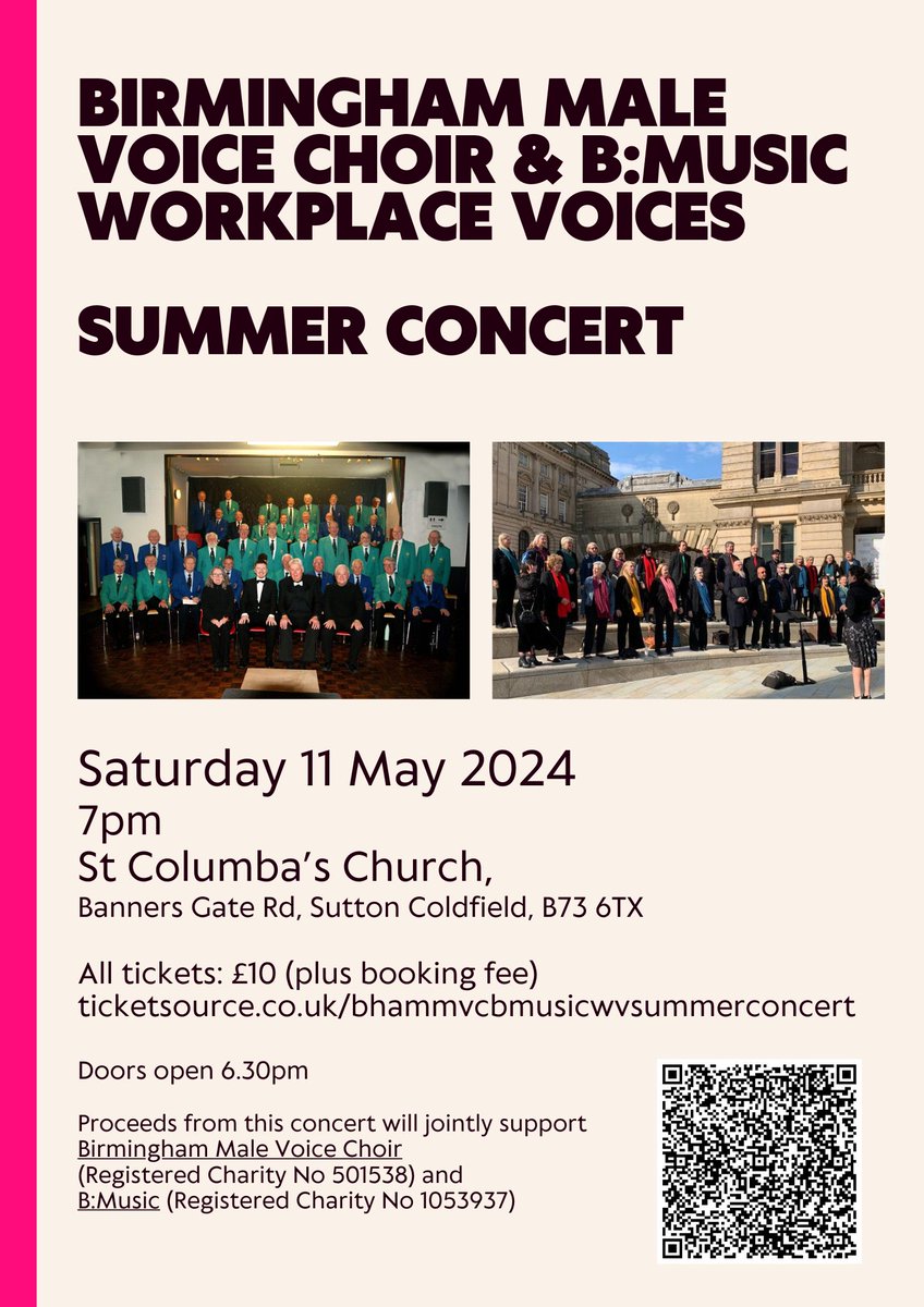 WorkplaceVoices's tweet photo. We are doing our first concert as the newly formed B:Music Workplace Voices.  We will be joining our friends Birmingham Male Voice Choir for a concert on Saturday 11 May.  We'd love to see you there.  Ticket available at https://t.co/uyYDWs8E70 https://t.co/uZr8OIUY5k