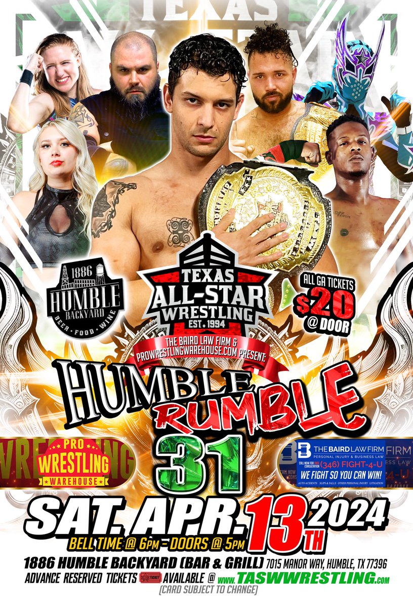 TASW’s 31st Anniversary Event “HUMBLE RUMBLE” is coming next Saturday night April 13th, to the 
1886 Humble Backyard Bar & Grill out under the Pavilion. 

Address:
7015 Manor Way
Humble, TX 77396

SPECIAL start time is 6pm! DOORS open at 5pm!