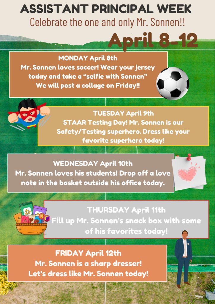 This week we celebrate our amazing Assistant Principal, Mr. Sonnen! He brings so much energy and good vibes to our campus (a true Woo!!), so let's return some of that love this week! We have some fun days planned! #DestinationSWISD #RootEDMCE #GoPublic #AssistantPrincipalWeek