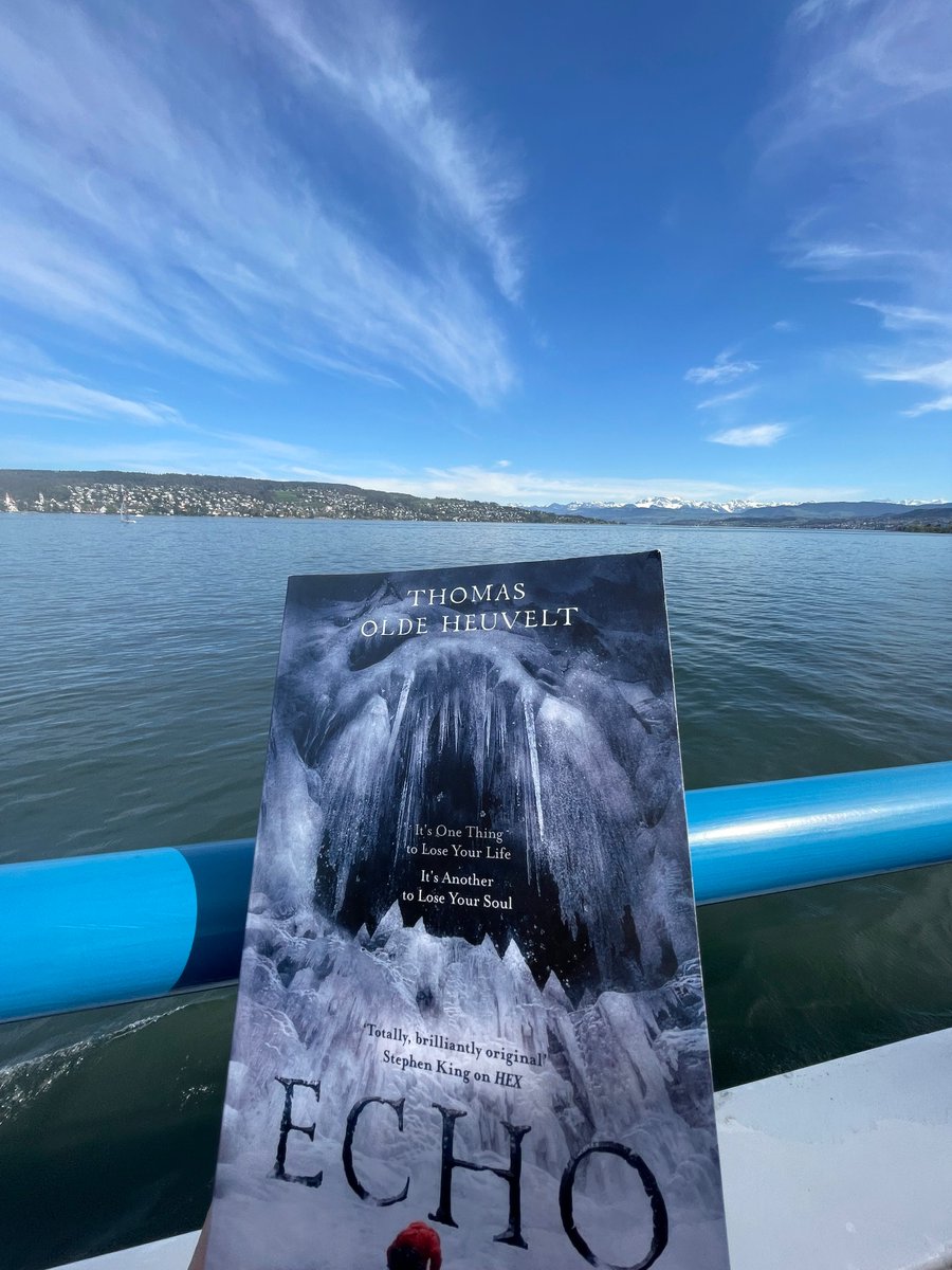 I’m finishing Echo by @Olde_Heuvelt on the shore of Lake Zurich and oh, dear. I’ll never be able to look at the Swiss Alps without shuddering again as Mt. Maudit is hiding there. Echo is a mountaineering gothic with a unique voice & heart-breaking love story. Delightfully macabre