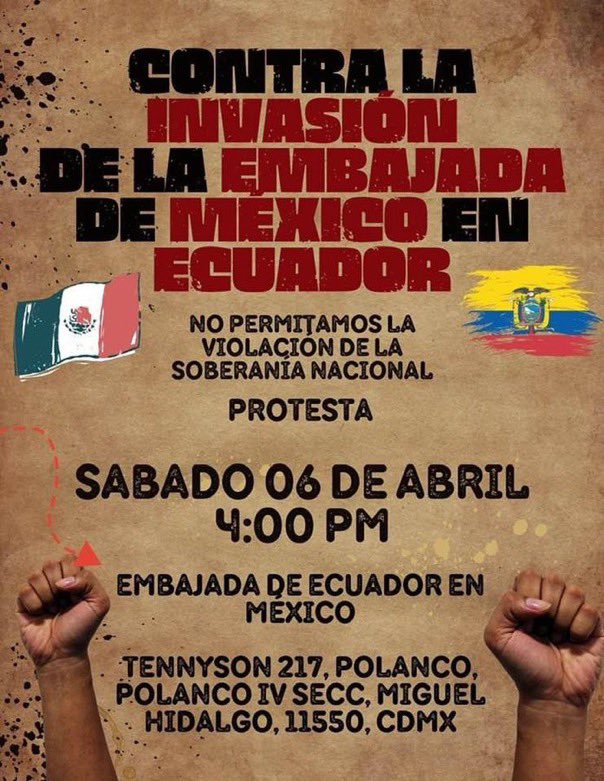 La invasión de la embajada mexicana en Ecuador es una violación flagrante al derecho internacional y a la soberanía de México. Expresamos nuestra profunda indignación e nos unimos al acto de resistencia.