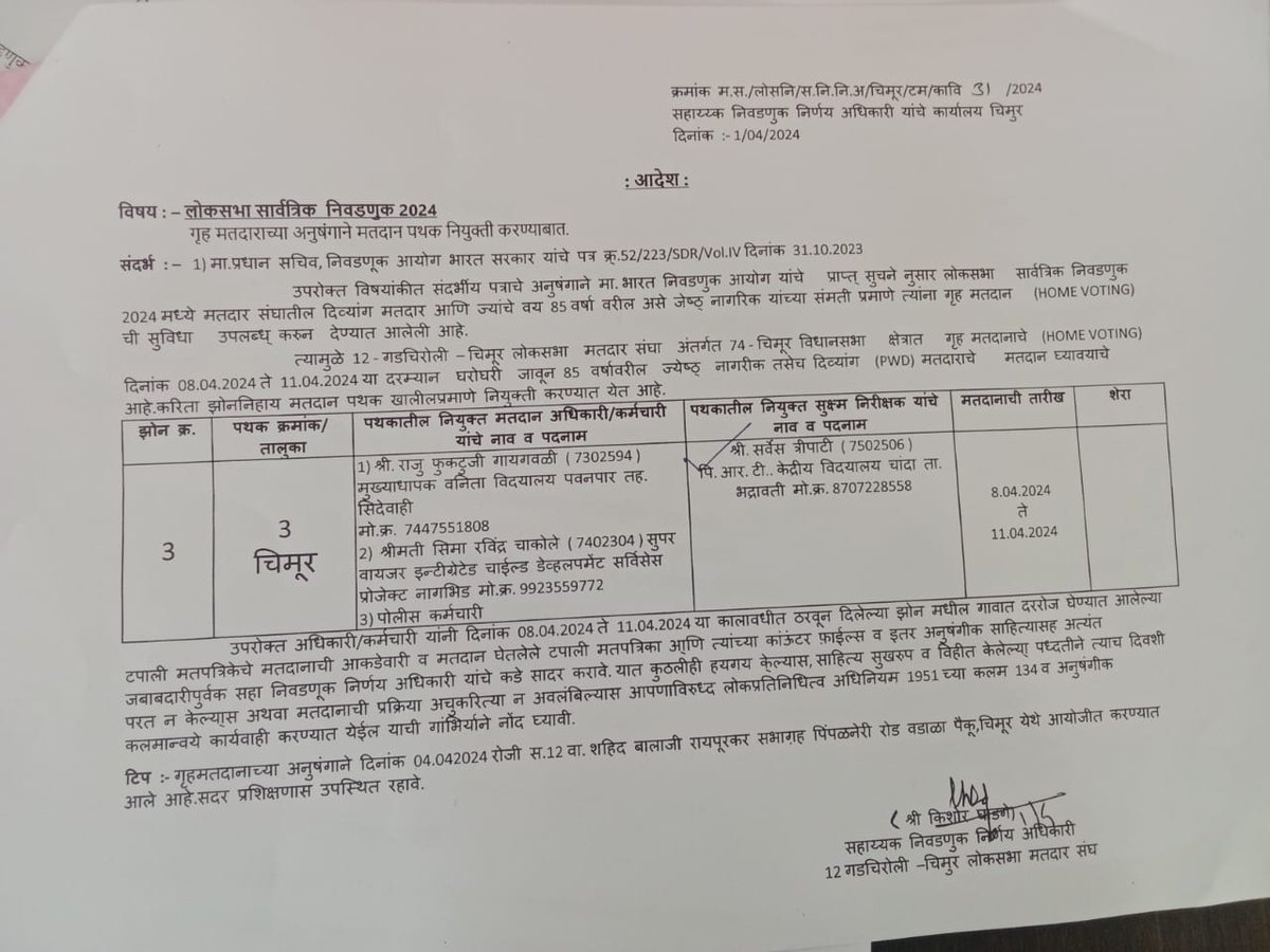 Sarvesh_Tweetes's tweet photo. Loksabha election 2024 duty as micro observer for home polling from 8 April to 11 April 2024 in Chimoor, Chandrapur Maharashtra https://t.co/lEPIOpOIjI
