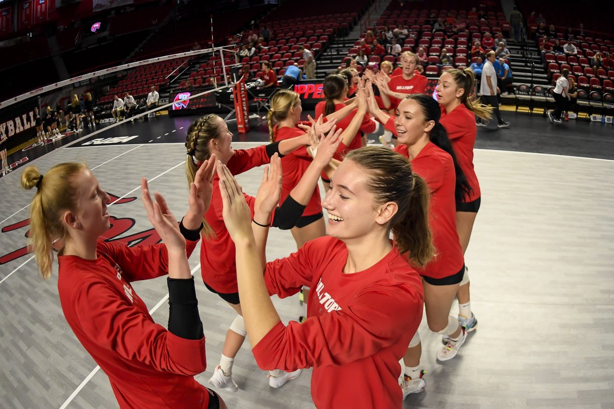 We!!! Play!!! Volleyball!!! Today!!! Come see us at our annual spring tournament in Aux Gym A inside Diddle Arena at 10 a.m. CT🎉 Don't forget to bring a chair and tell the ticket table at the entrance you are there for volleyball! #GoTops