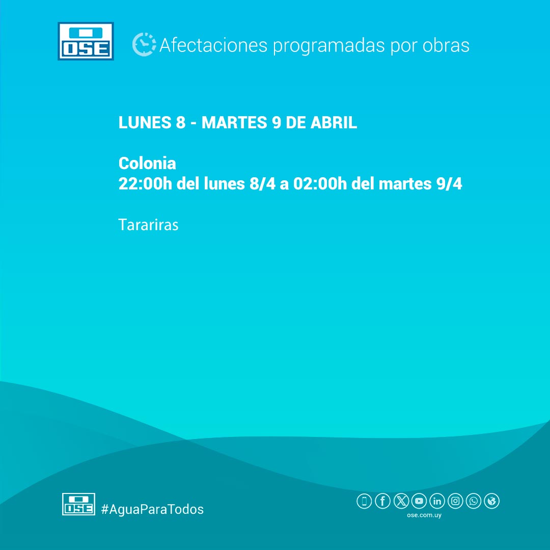 Afectaciones de suministro programadas 📆 Lunes 8/4 - martes 9/4 📍 Colonia 📲 0800 1871 | * 1871 gratis desde móviles #oseuruguay
