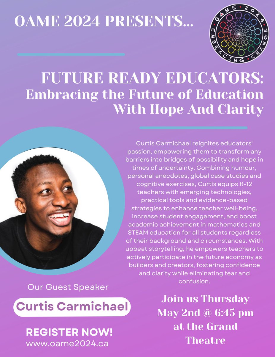Did you hear your Thursday conference includes the evening keynote at the Grand Theatre? Excited to be welcoming Curtis Carmichael to present 'FUTURE READY EDUCATORS: Embracing the Future of Education With Hope And Clarity' @CurtisCarmicc Registration Closes April 11th