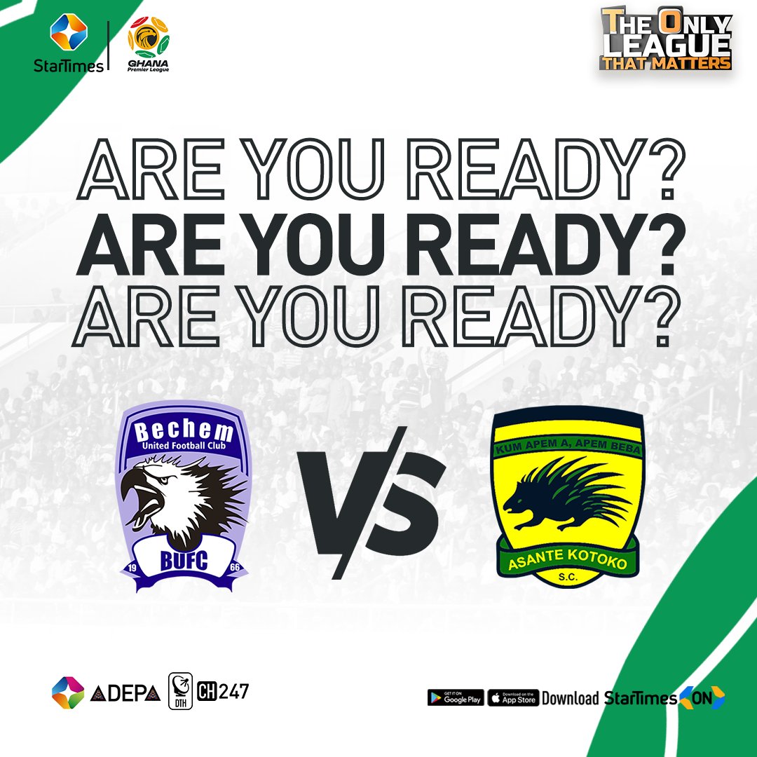 startimesghana's tweet photo. It's about to go down!🔥🔥🔥 

Bechem United 🆚 Kumasi Asante Kotoko 

Showing live at 3:00 pm ST Adepa Ch. 247 &amp; StarTimes ON App 📲 https://t.co/DYXp74fldk

#GPL #StarTimes #Ghana #GPLonStarTimes #GPLwk24 #Bechem #AKSC #Kotoko https://t.co/FbpuvdSZXs