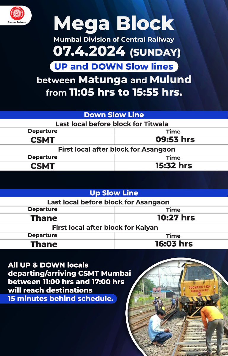 Central_Railway's tweet image. Attention Passengers! 🚨 🚧
Mega Block on Down/Up Slow and Trans-Harbour lines on 07/04/2024 (Sunday).
Check the schedule for the last and first locals before and after the block. ⚠️🕒Plan your travel accordingly.
#CentralRailway #MegaBlockAlert #RailwayUpdates