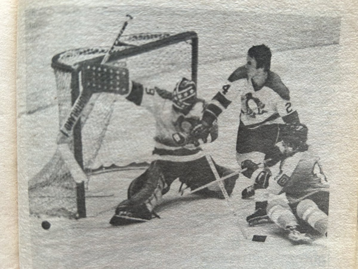 Claude6Landry's tweet photo. Penguin goalie #DuncWilson blocks shot by Philadelphia's #MelBridgman with help from Pittsburgh teammate #DonAwrey https://t.co/GSSUn4h7hT